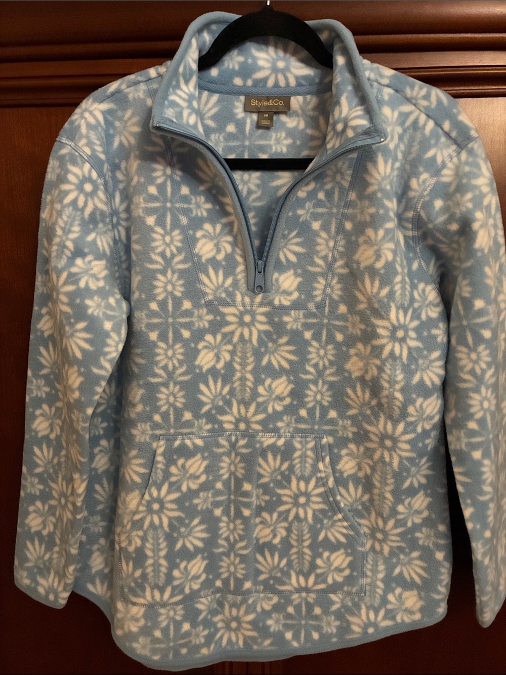 Style & Co. Womens Light Blue Floral Half-Zip Fleece Pullover